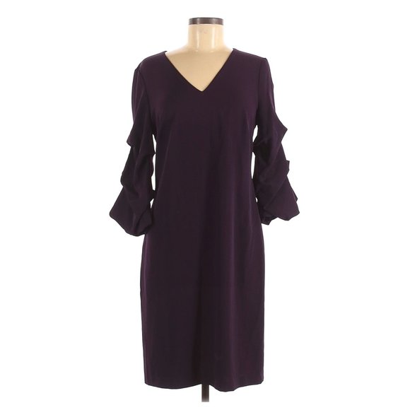 DKNY Aubergine Purple V-Neck Ruched 3/4 Sleeve Shift Dress sz 12 NEW NWT Women's - Picture 4 of 9